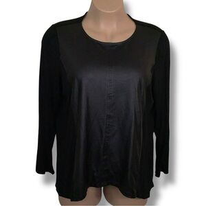 Size 16 Chicos Black Faux Leather Panel Accent Long Sleeve Top Stretch Goth
